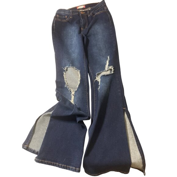 Vibe & Rant Distressed Flare Wide Leg Jeans Blue Denim Slits Hippie Sz 11 NWOT - Picture 1 of 6